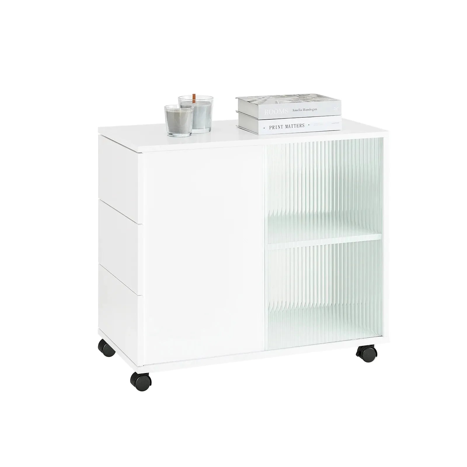 Rollcontainer 35 × 61 × 70 cm mit Glastüren und 3 Schubladen – Druckertisch auf Rollen