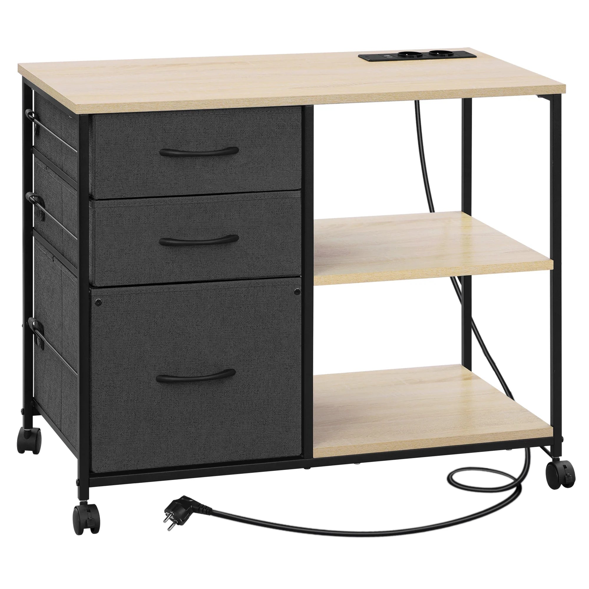 Rollcontainer 80 × 66 × 40 cm mit Ladestation und 3 Stoffschubladen – Druckertisch auf Rollen