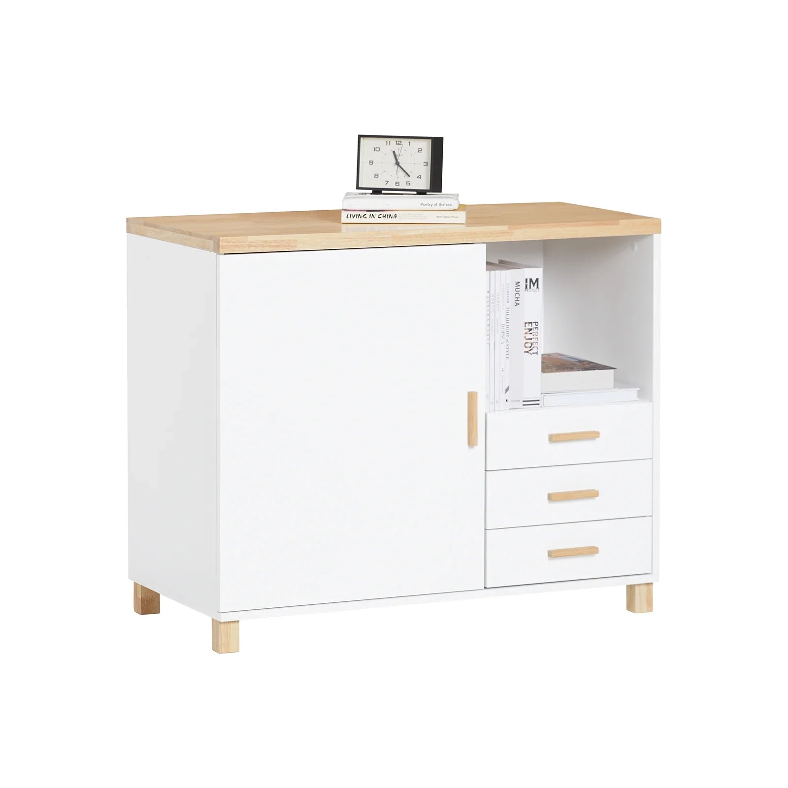 Aktenschrank 90 × 75 × 45 cm mit 3 Schubladen und Druckerfach – Weiß/Natur