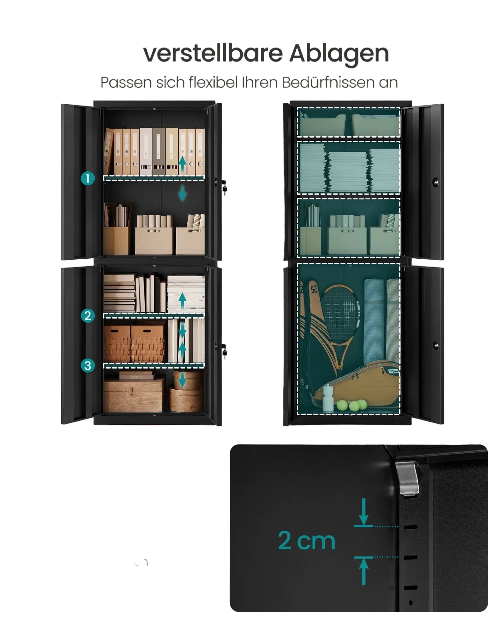 Metall-Aktenschrank 40 × 60 × 180 cm mit 4 Türen und 2 Schlössern – 5 Ebenen, Schwarz