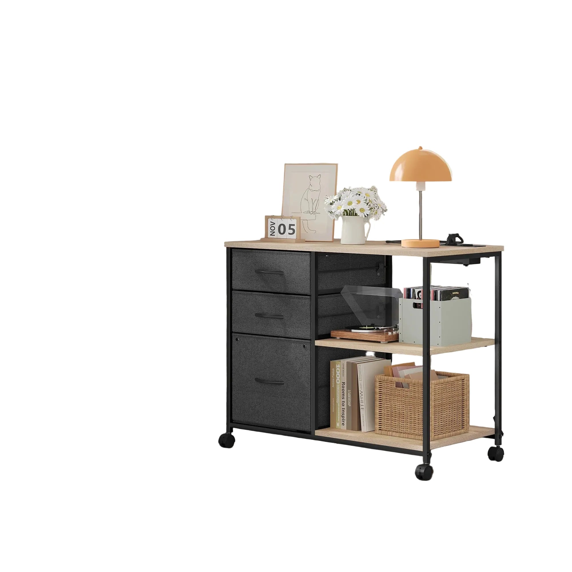 Rollcontainer 80 × 66 × 40 cm mit Ladestation und 3 Stoffschubladen – Druckertisch auf Rollen