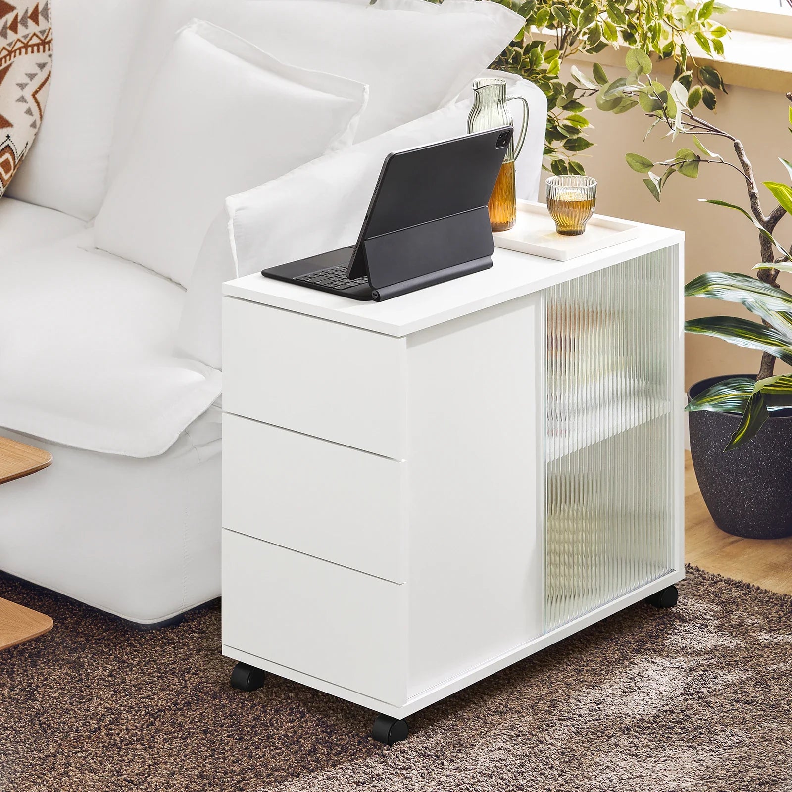 Rollcontainer 35 × 61 × 70 cm mit Glastüren und 3 Schubladen – Druckertisch auf Rollen