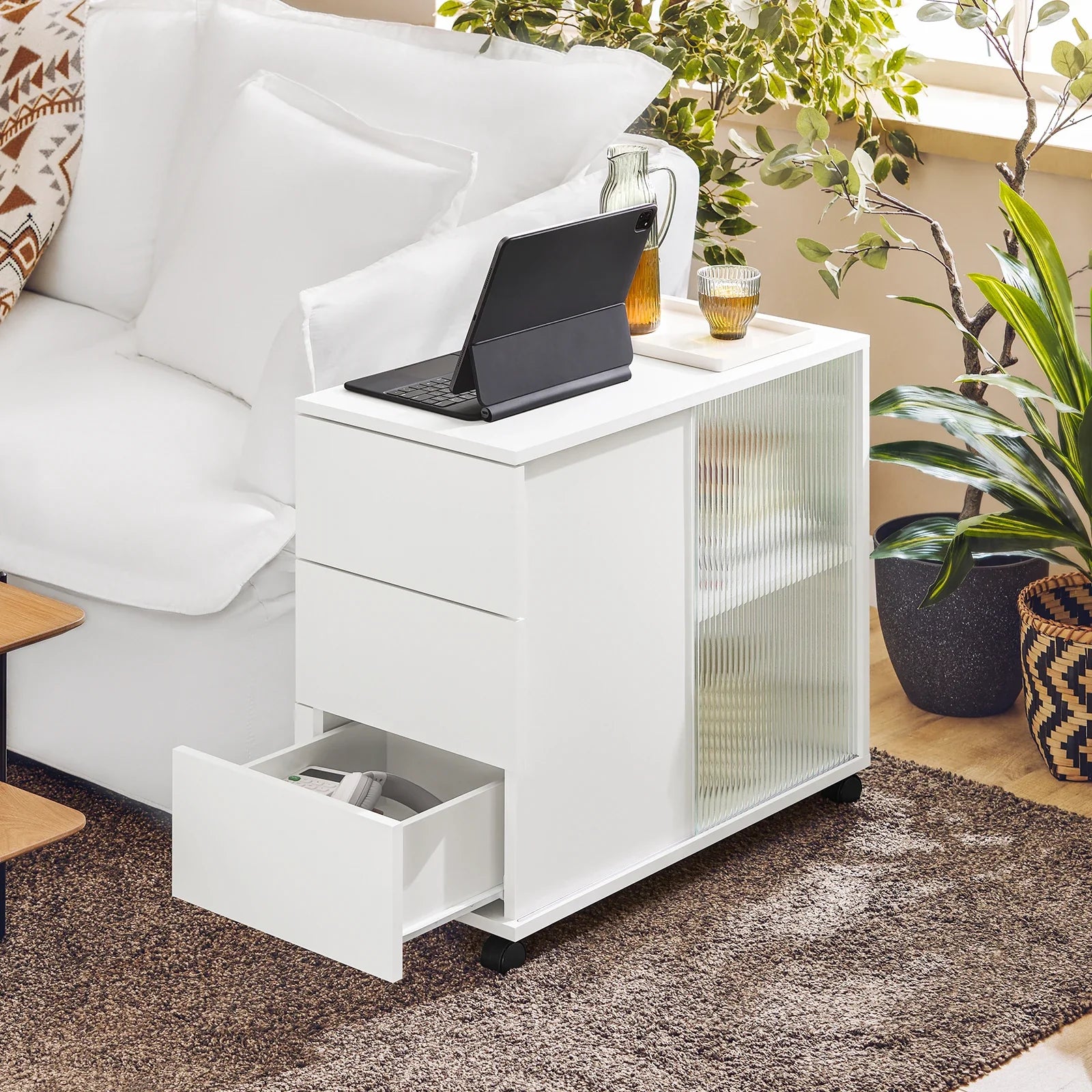 Rollcontainer 35 × 61 × 70 cm mit Glastüren und 3 Schubladen – Druckertisch auf Rollen
