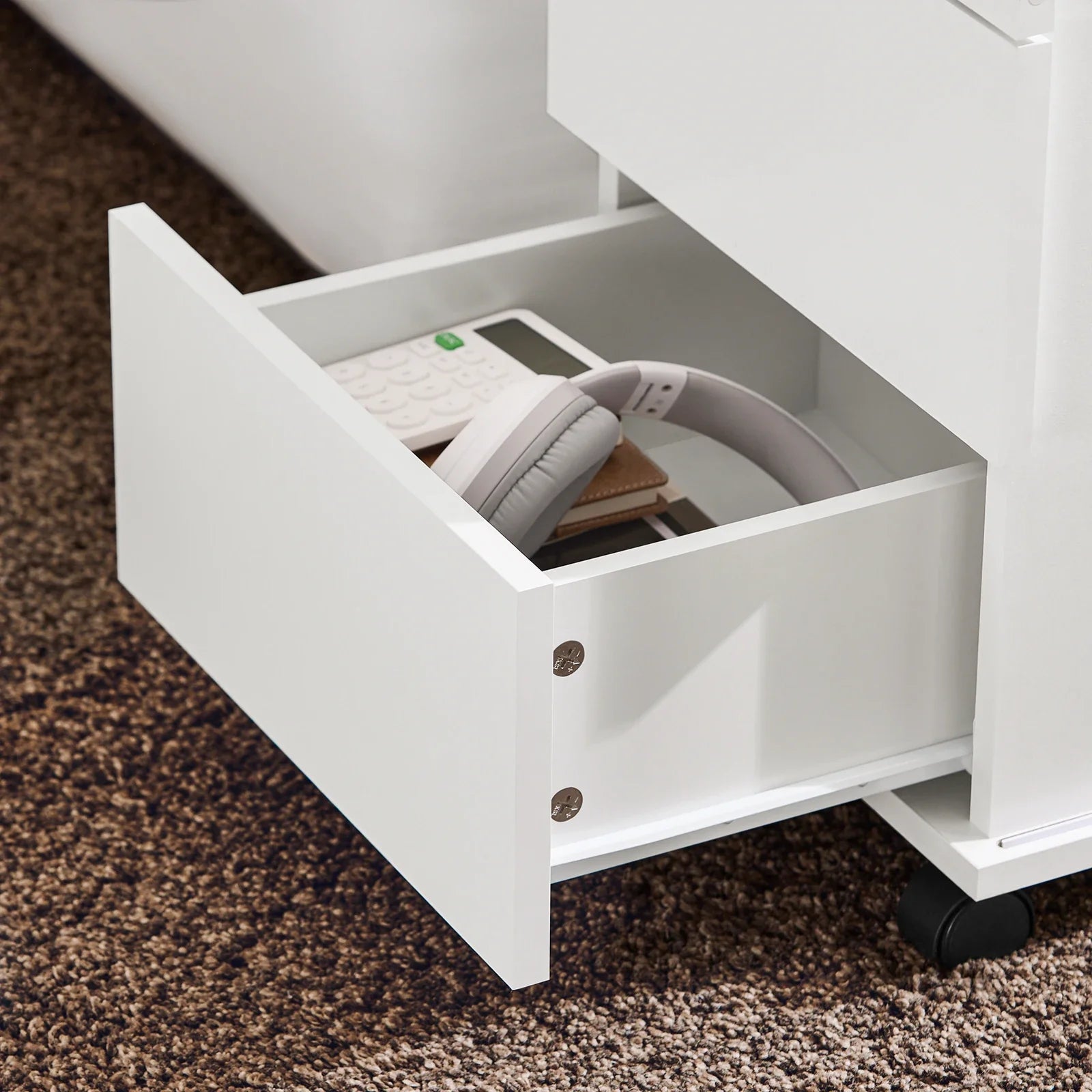Rollcontainer 35 × 61 × 70 cm mit Glastüren und 3 Schubladen – Druckertisch auf Rollen