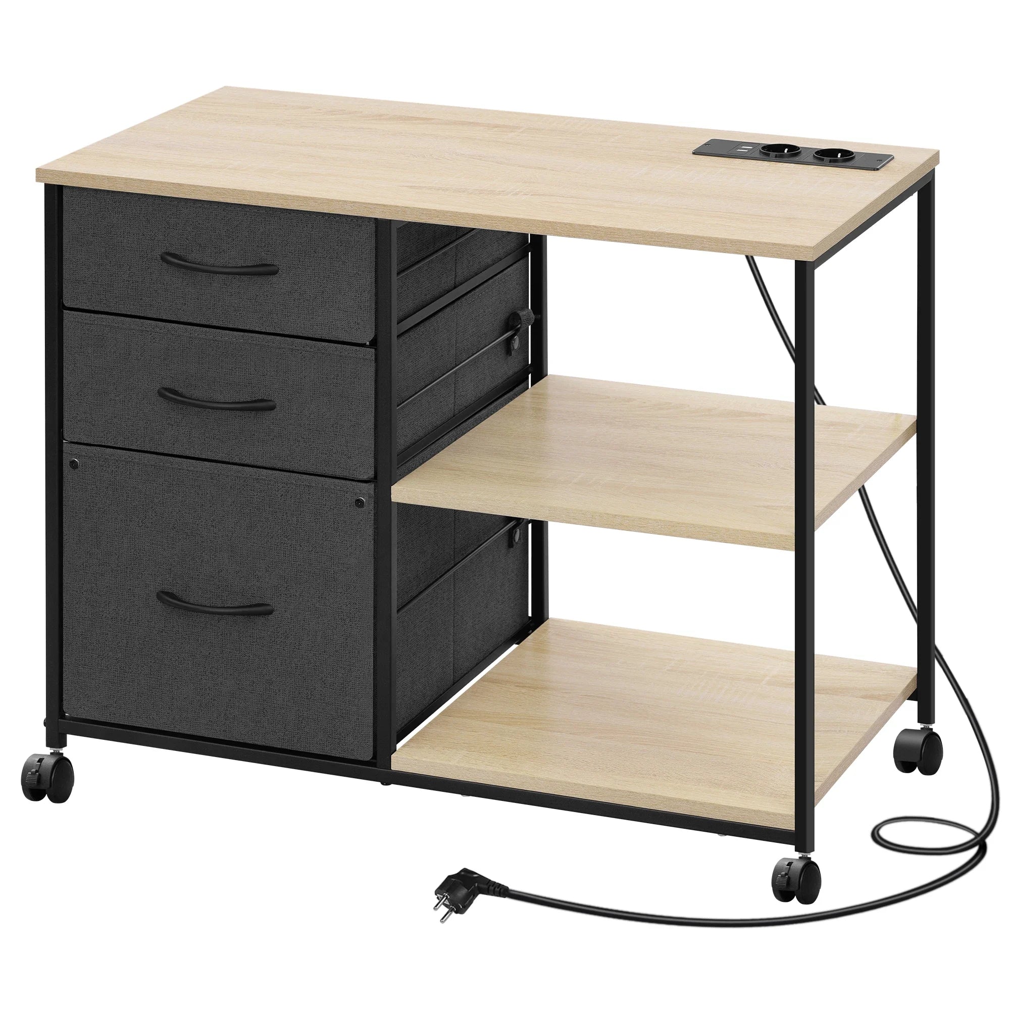 Rollcontainer 80 × 66 × 40 cm mit Ladestation und 3 Stoffschubladen – Druckertisch auf Rollen