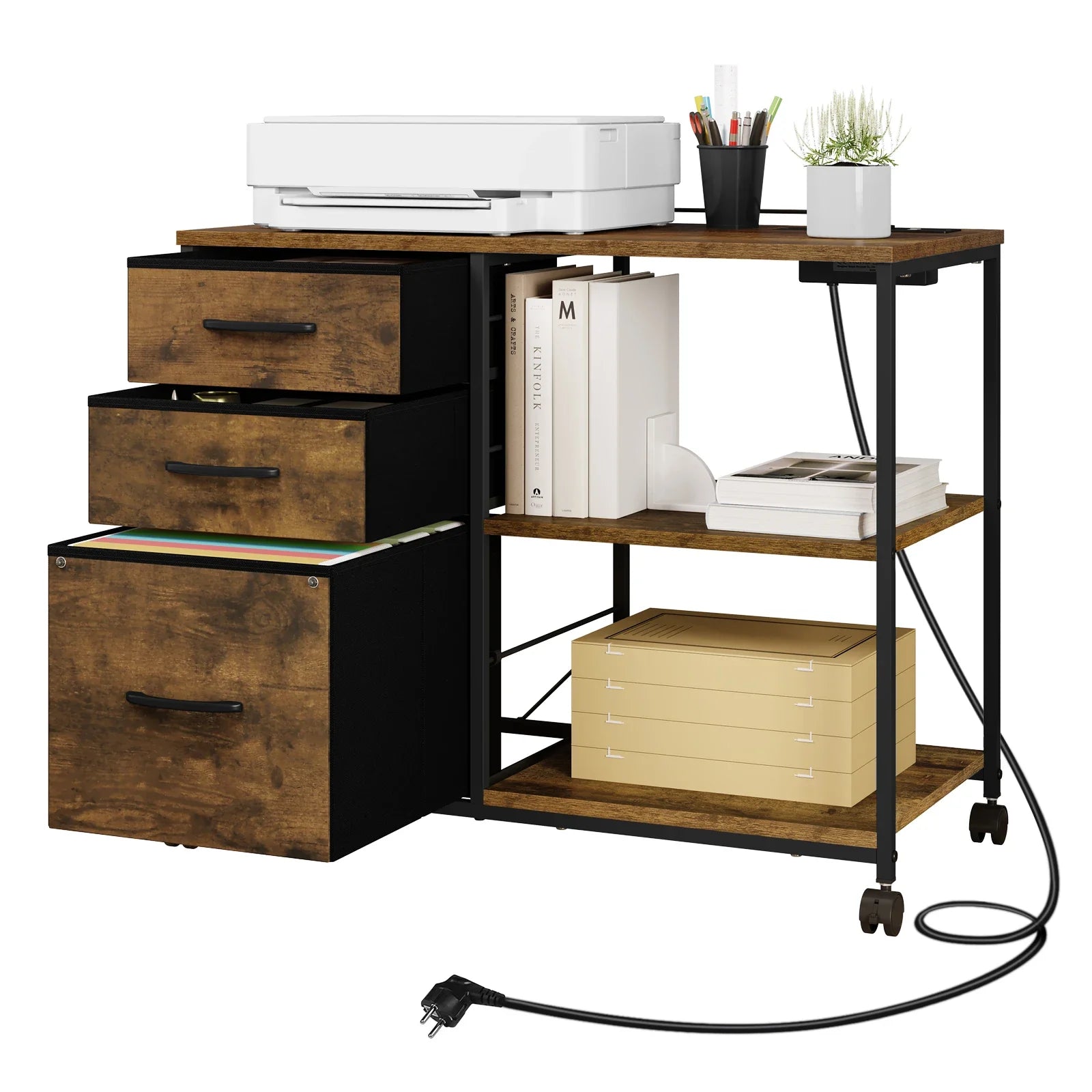 Rollcontainer 80 × 66 × 40 cm mit Ladestation und 3 Stoffschubladen – Druckertisch auf Rollen