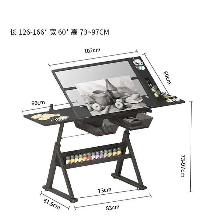 Höhenverstellbarer Zeichentisch mit Glasplatte 74–93 cm – Neigbare Arbeitsfläche 0–80°