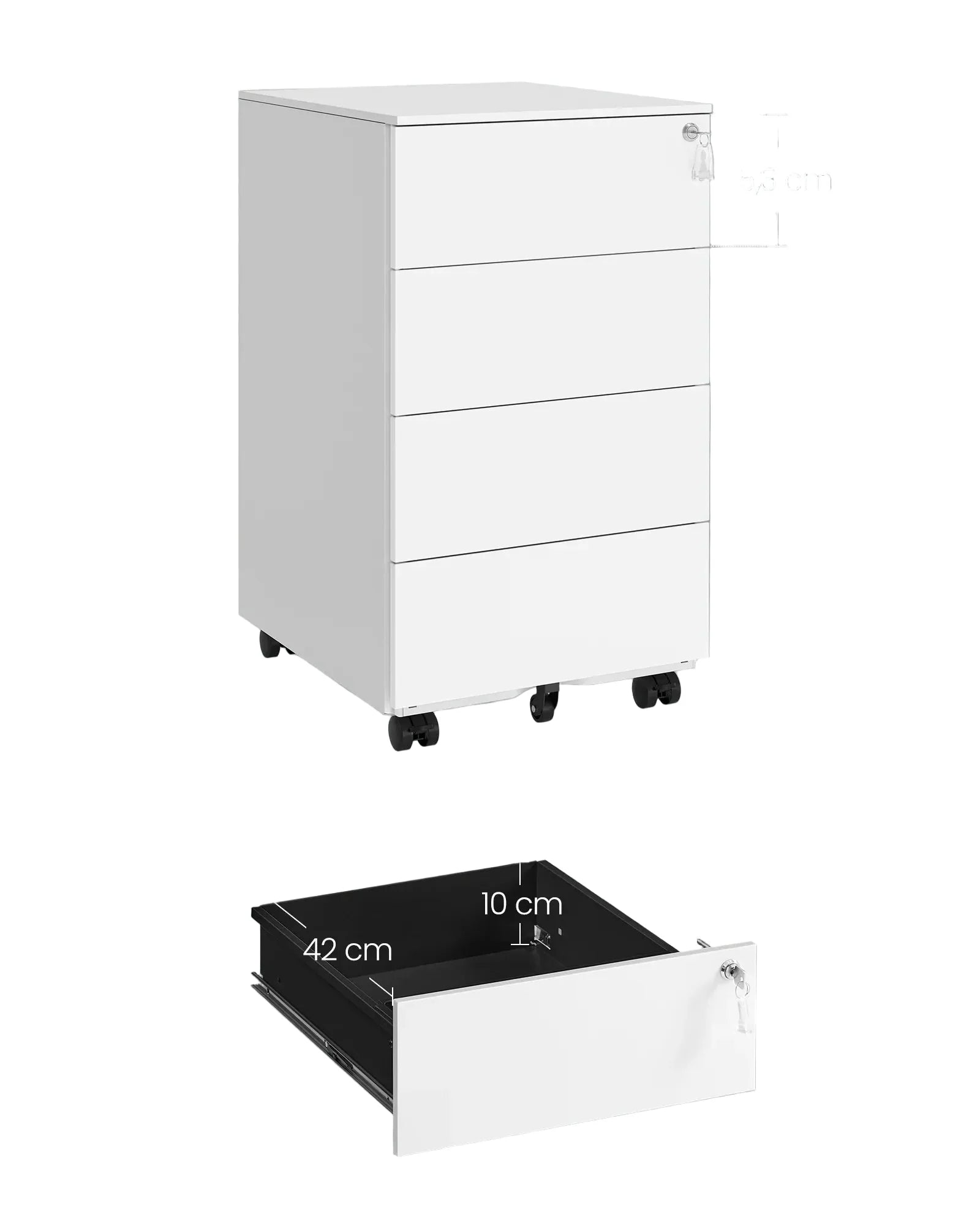 Rollcontainer 45,1 × 39 × 69,3 cm aus Stahl mit 4 Schubladen – Abschließbarer Aktenschrank auf Rollen