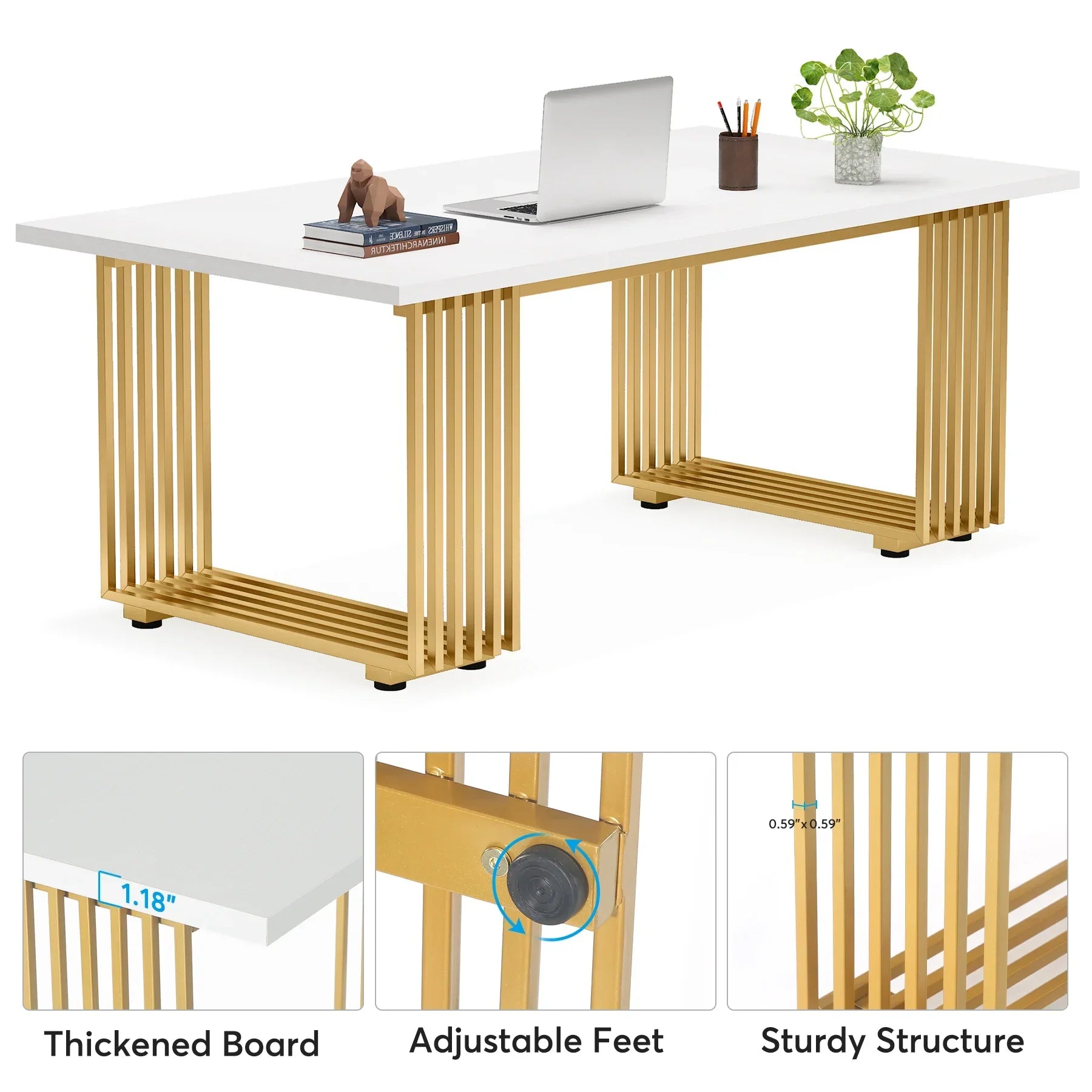 Schreibtisch 180 × 80 cm mit Metallgestell – Computer- und Konferenztisch in Weiß/Gold