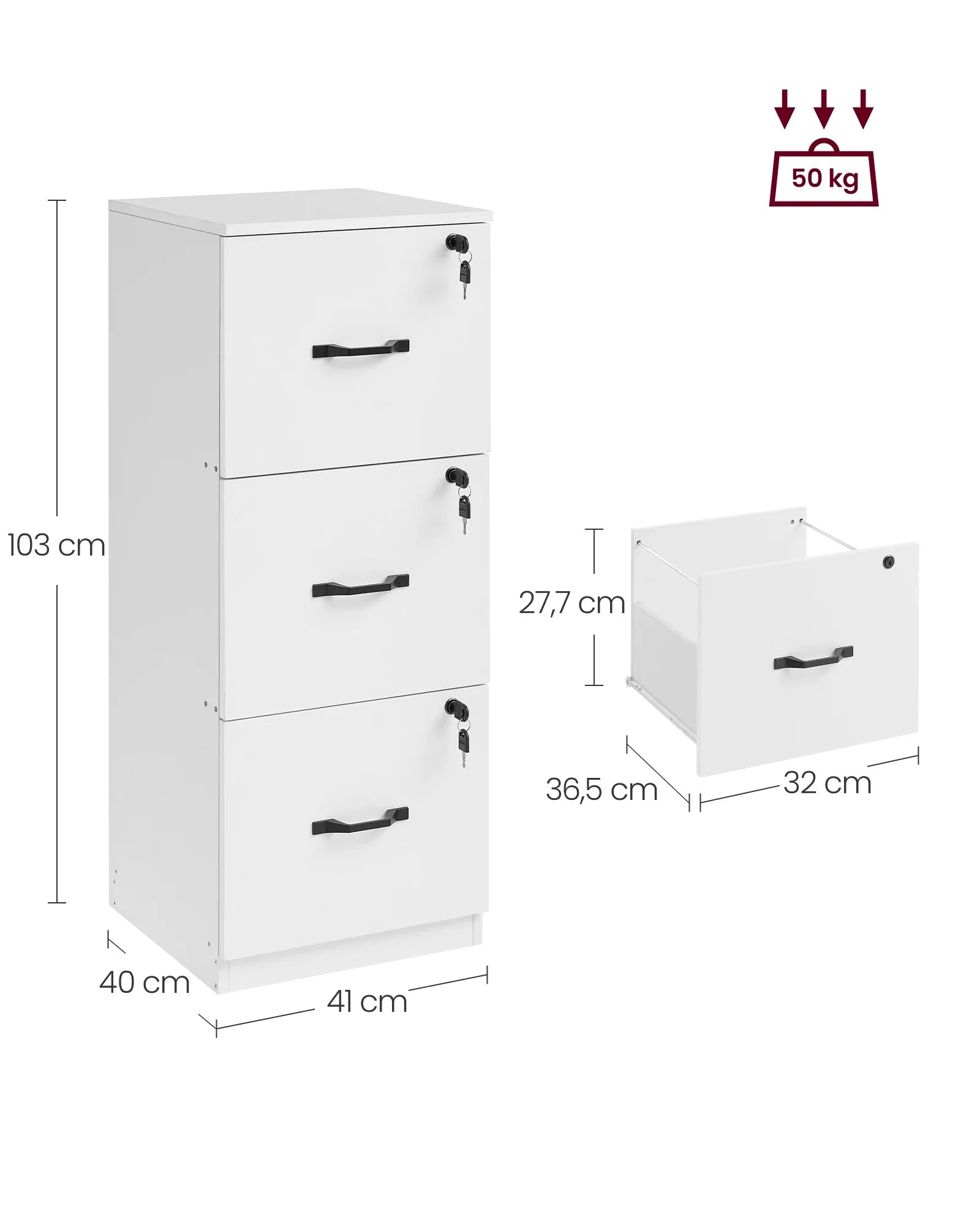 Aktenschrank 40 × 41 × 103 cm mit 3 abschließbaren Schubladen – Weiß