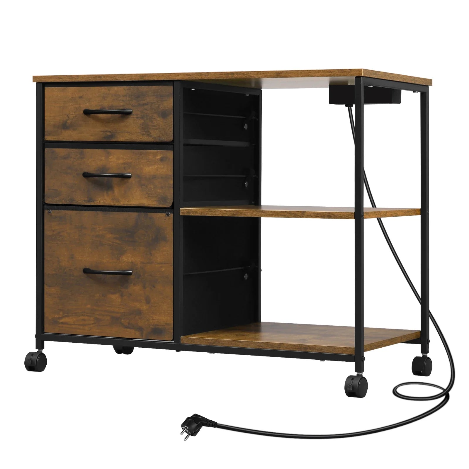 Rollcontainer 80 × 66 × 40 cm mit Ladestation und 3 Stoffschubladen – Druckertisch auf Rollen