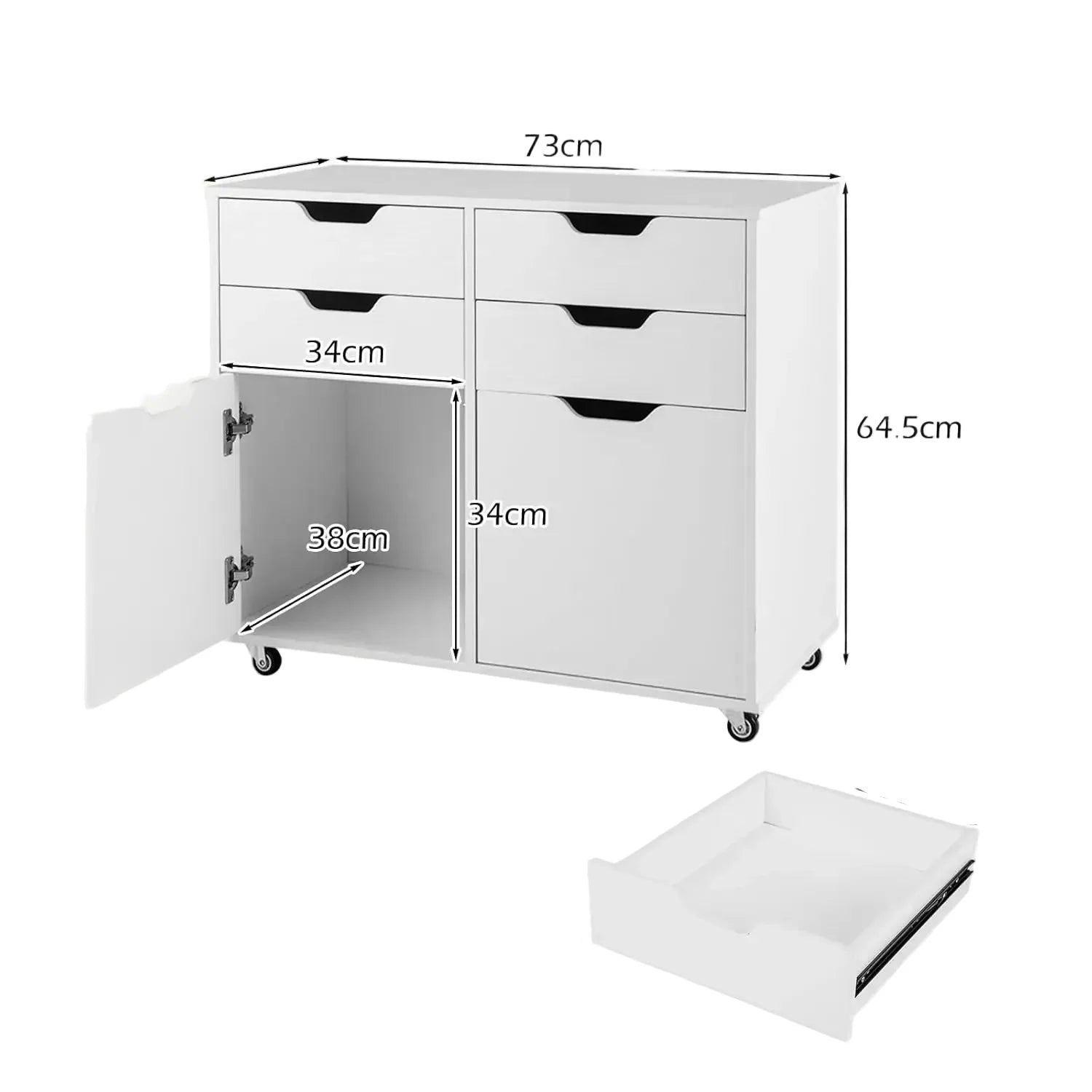 Rollcontainer 78 × 40 × 65 cm mit 5 Schubladen – Druckertisch und Aktenschrank, Weiß