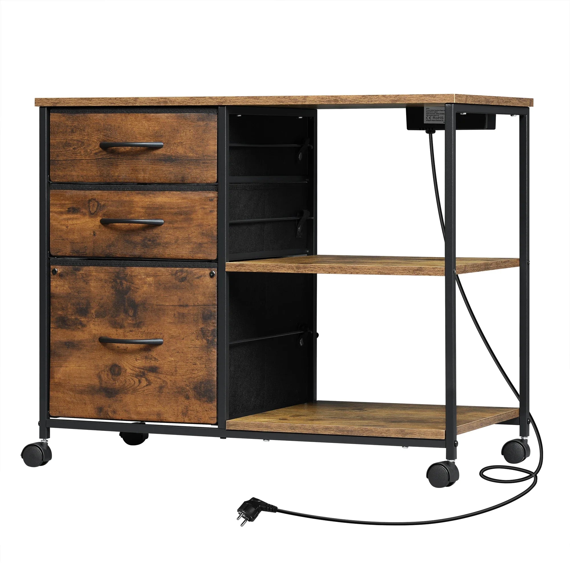 Rollcontainer 80 × 66 × 40 cm mit Ladestation und 3 Stoffschubladen – Druckertisch auf Rollen