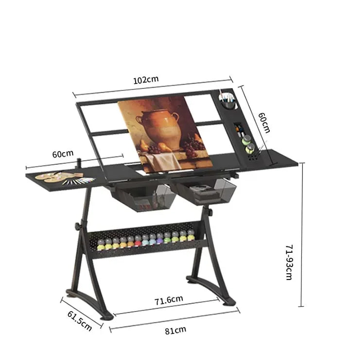 Höhenverstellbarer Zeichentisch mit Glasplatte 74–93 cm – Neigbare Arbeitsfläche 0–80°