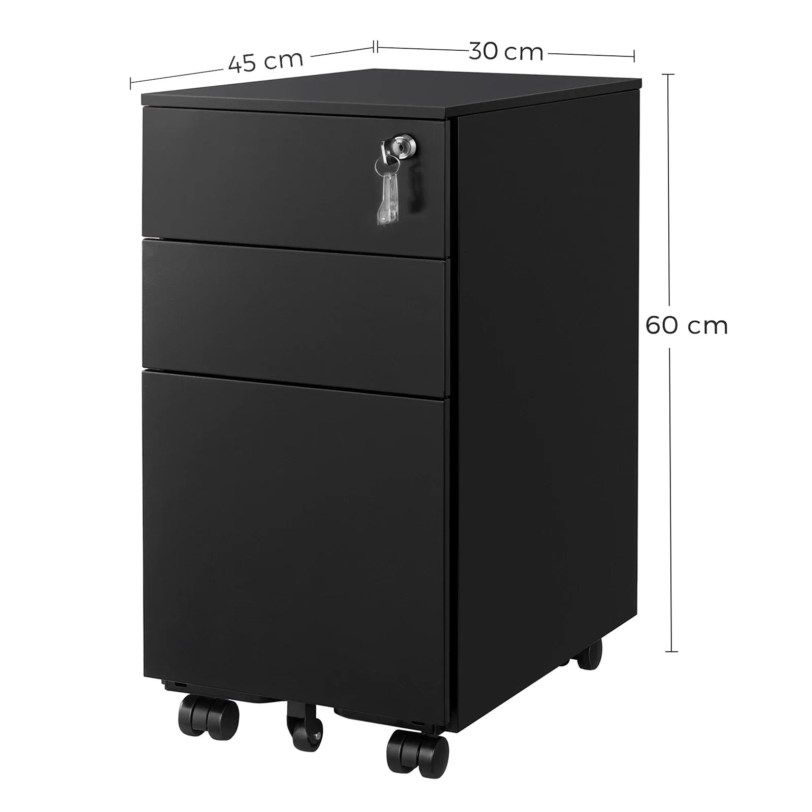 Rollcontainer 45 × 30 × 60 cm aus Stahl mit 3 Schubladen – Abschließbarer Aktenschrank auf Rollen