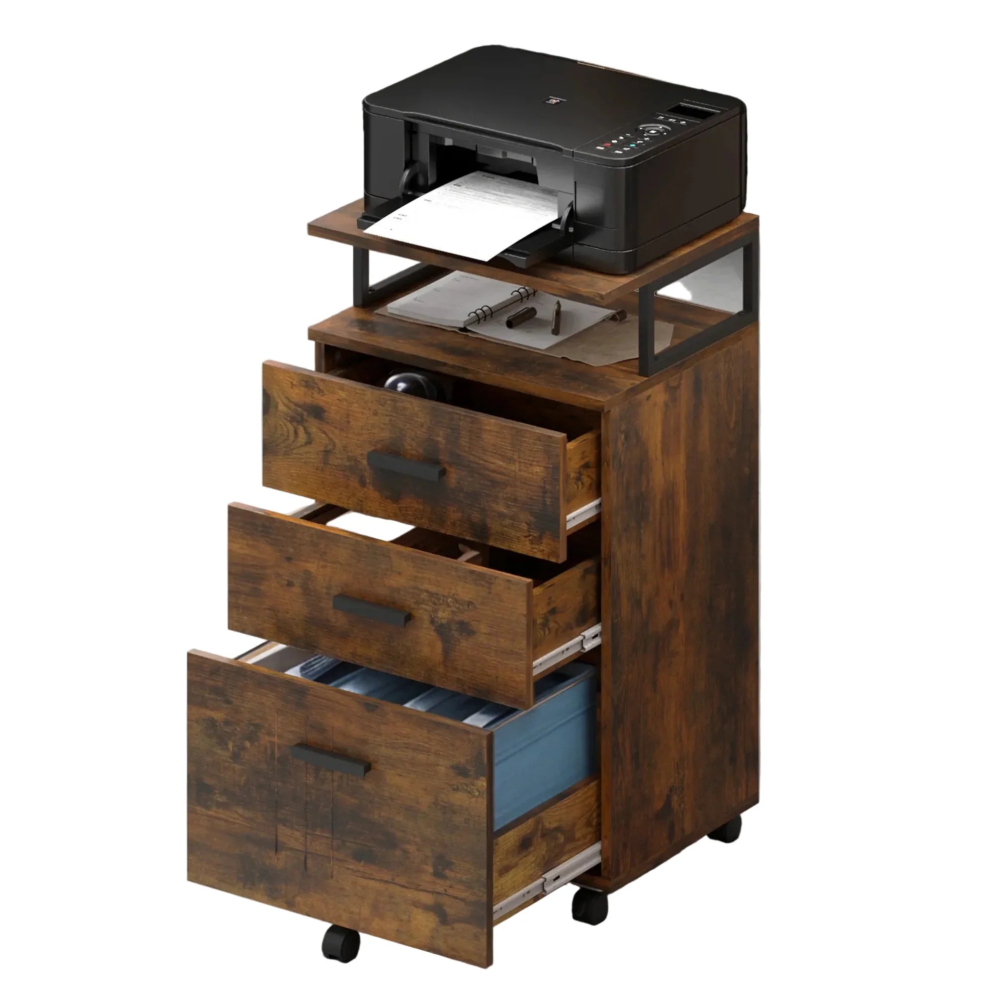Rollcontainer 45,7 × 36 × 76,2 cm mit 3 Schubladen und offenem Fach – Aktenschrank auf Rollen