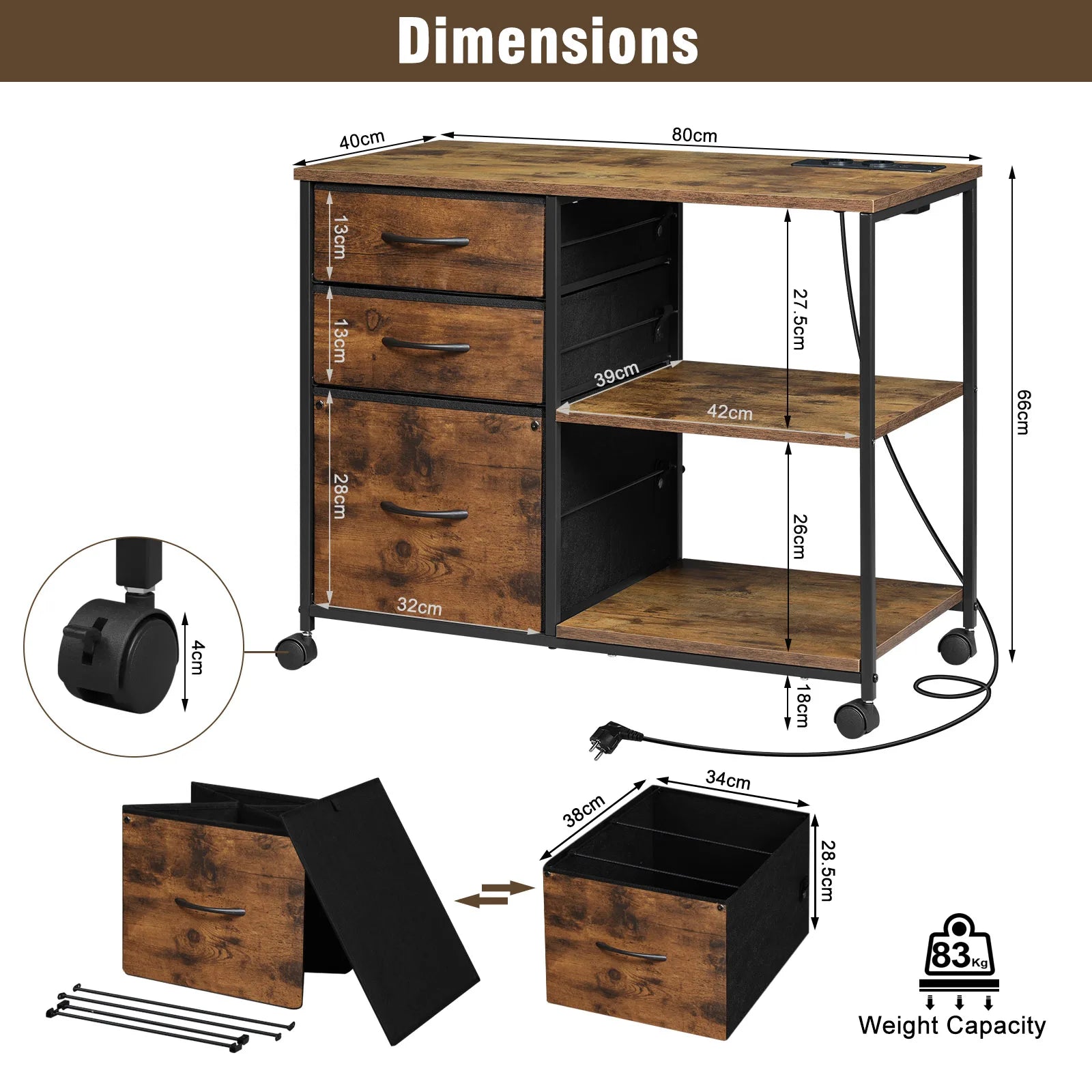 Rollcontainer 80 × 66 × 40 cm mit Ladestation und 3 Stoffschubladen – Druckertisch auf Rollen
