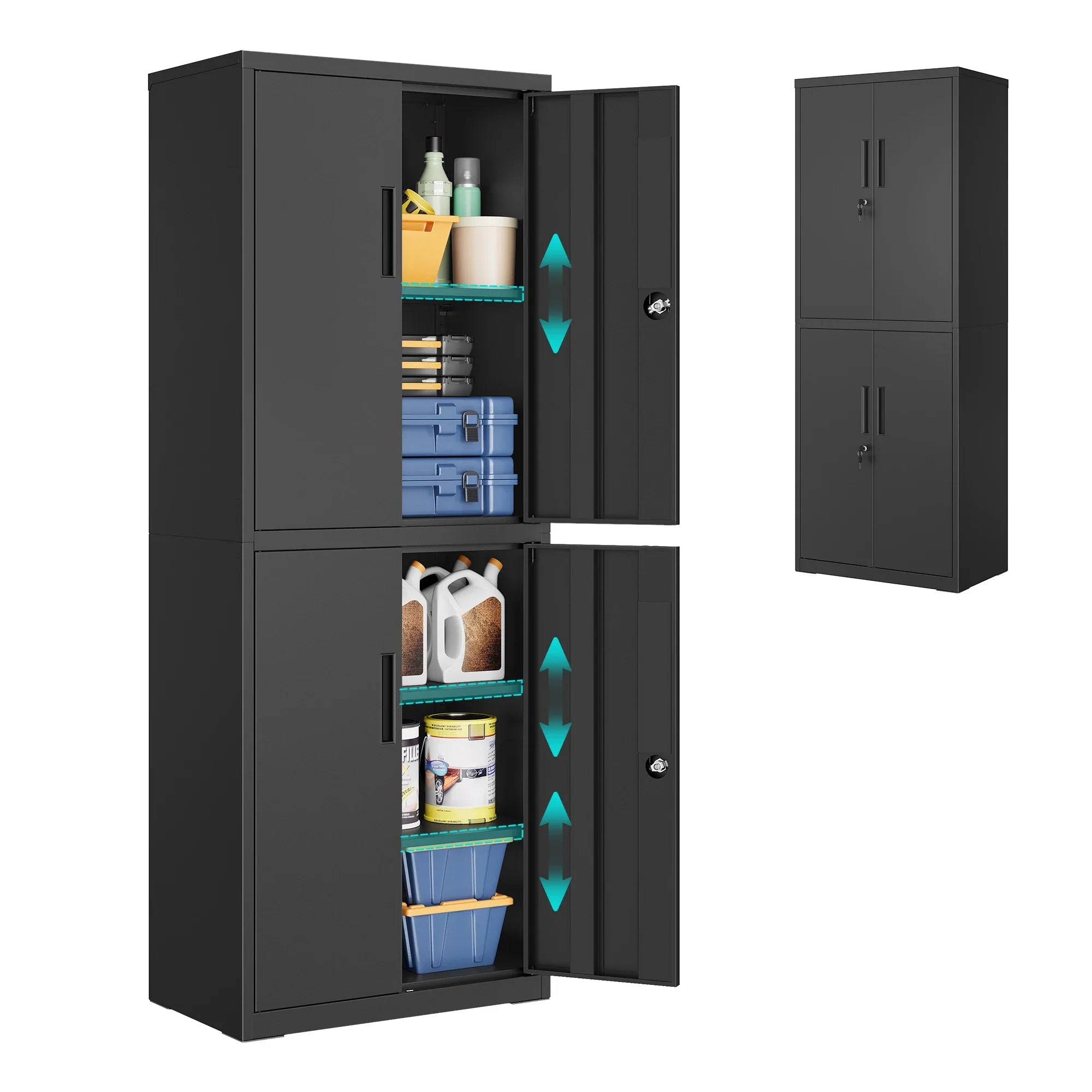 Metall-Aktenschrank 40 × 60 × 180 cm mit 4 Türen und 2 Schlössern – 5 Ebenen, Schwarz