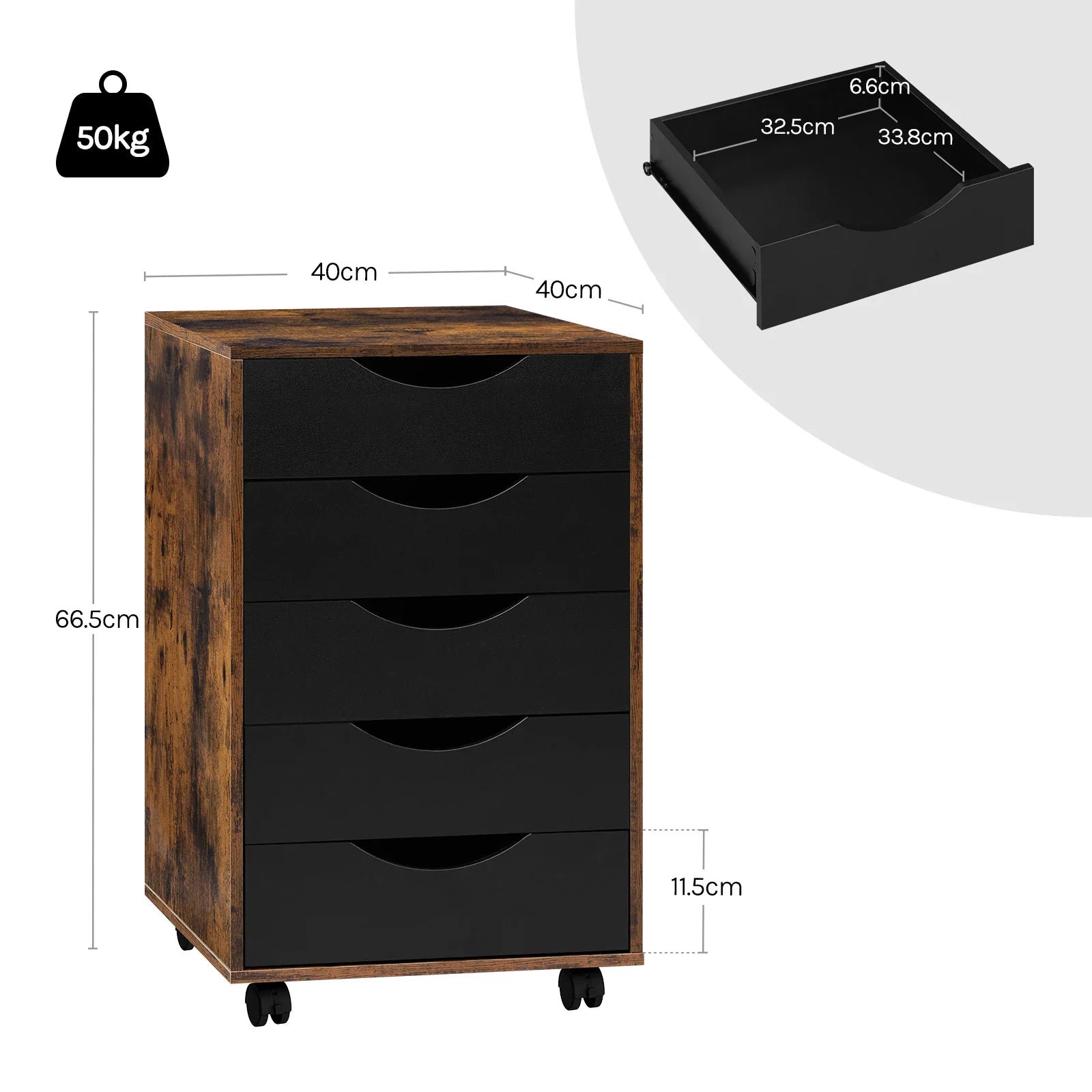Rollcontainer 40 × 40 × 66,5 cm mit 5 Schubladen – Aktenschrank auf Rollen